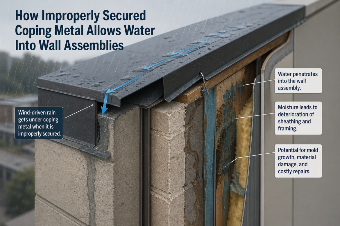 Coping Metal Allows Water Into Wall Assemblies